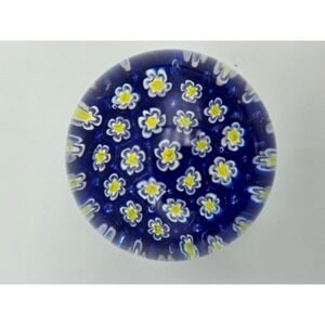 Vintage Murano Style Millefiori Paperweight Cobalt Blue Yellow Art Glass 2.5"